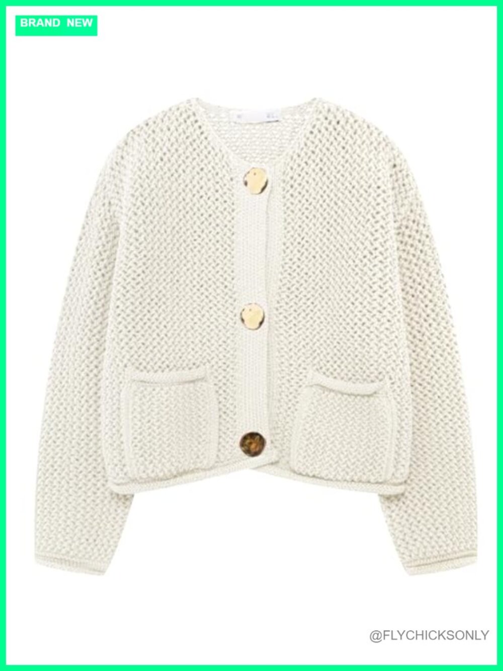Chunky Knit Cropped Cardigan Women Long Sleeve Gold Button Open Front
